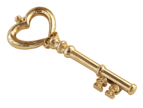 Gold key with heart-shaped loop.  Ornate, vintage-style key