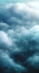 Obraz premium Cityscape obscured by a thick layer of clouds, viewed from above