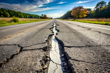 A cracked asphalt road surface with damage and infrastructure failure