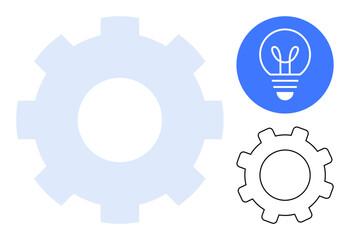 Large gear design, outlined smaller gear, and light bulb icon in blue circle represent innovation, teamwork, process improvement, creativity, engineering, problem-solving. Ideal for workflow