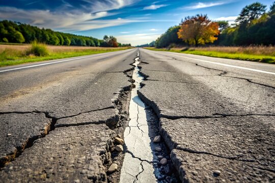 A cracked asphalt road surface with damage and infrastructure failure
