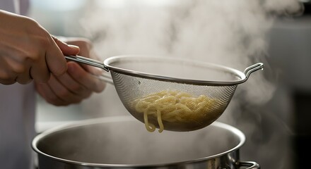 Steaming Pasta Being Drained in Metal Colander with Hands