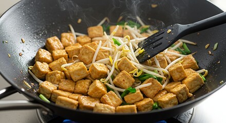 Golden Tofu Cubes Stir-frying with Bean Sprouts in Black Wok