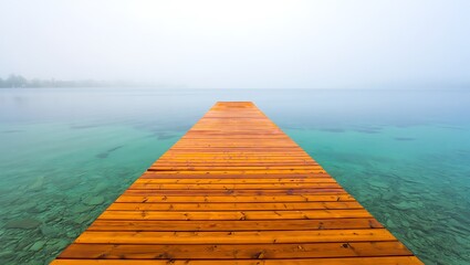 Wooden Pier Extending Into Calm Turquoise Waters Under a Misty Sky