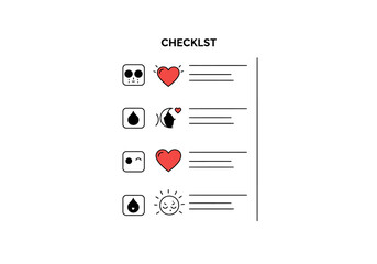 Simple graphic representation of a minimalist checklist template featuring abstract icons like hearts, drops, and faces.