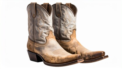 Western worn detail&mdash;pair of distressed leather cowboy boots in brown and tan tones, displayed upright on a neutral surface. Decorative stitching adorns the shaft. Pointed toes, low heels, and aged tex