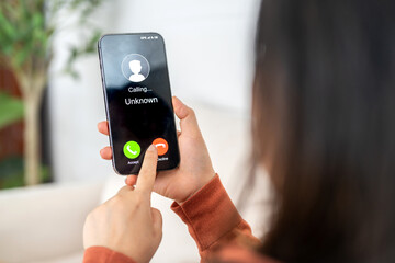 Phone scam alert with hacker and scammer calling unknown number, cybercrime, data theft, phishing attempt, fraud alert, digital security threat, cyber attack warning technology and crime concept
