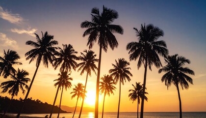 Tropical dusk alignment—sunset filters through a linear row of tall palm trees, casting elongated shadows and golden light across the horizon. The sky blends rich amber and orange hues with faint coas