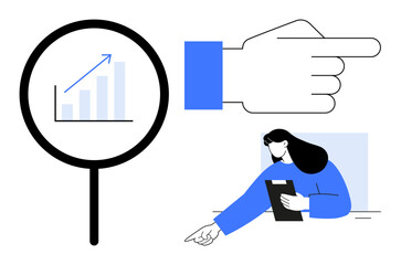 Magnifying glass over growth chart, pointing hand, woman holding clipboard and giving direction. Ideal for business development, teamwork, data analysis, leadership, growth strategy, education