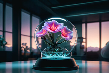 Adenium flowers enclosed in a transparent, futuristic glass dome, softly glowing with bioluminescent light.