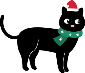 Christmas Black Cat in Santa Hat .
Cute Festive Black Cat Cartoon Clipart  isolated.
Transparent background. svg.
