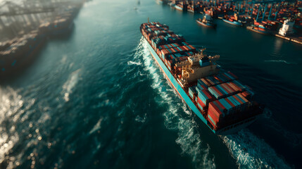 Aerial of cargo ship carrying container for export cargo from cargo yard port to other ocean concept smart freight shipping ship stern view