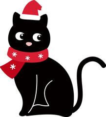 Christmas Black Cat in Santa Hat .
Cute Festive Black Cat Cartoon Clipart  isolated.
Transparent background. svg.