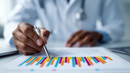 Doctor hand holding pen analyzing colorful bar chart paper with medical professional focused data report and healthcare statistics closeup - Powered by Adobe