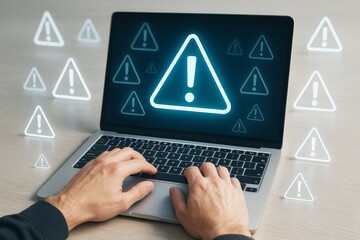 Hands typing on laptop with glowing warning symbols on screen and floating icons over wooden background, symbolizing digital alert concept.