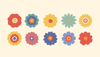 Hand drawn flowers vintage set decor icon.