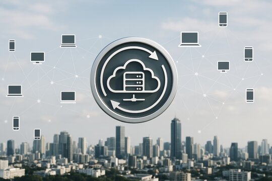 Cloud computing symbol with connected devices over cityscape background representing modern technology and data network concept in light style.