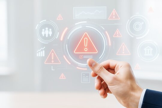Businessman interacting with virtual warning interface showing alert icons and futuristic dashboard on light background in creative technology concept.