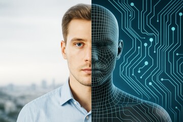 Half human half digital face with circuit board pattern on dark tech background illustrating artificial intelligence and human-machine integration..