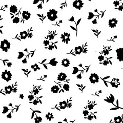 Seamless black flowers vintage pattern on white background.
