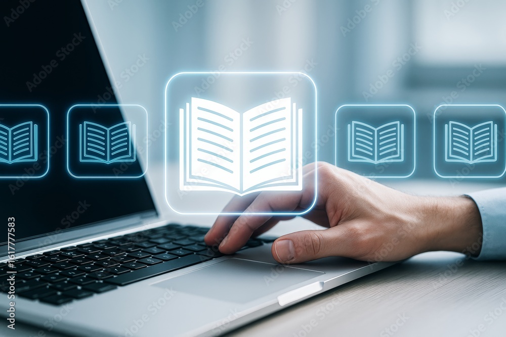 Wall mural digital learning concept with hand on laptop keyboard and glowing book icons on abstract light backg