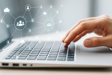 Human hand typing on laptop keyboard with social network connection icons overlay on light background, symbolizing digital communication concept.