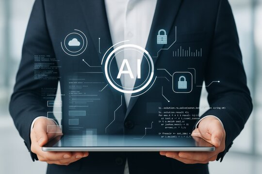 Businessman holding tablet with holographic AI interface and cybersecurity icons in futuristic digital environment on light abstract background.