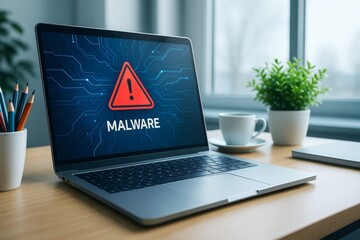 Laptop displaying malware warning on screen with digital circuit background in brightly lit modern office setting on wooden desk surface.