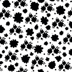 Seamless black flowers vintage pattern on white background.