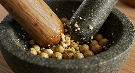 Mortar and Pestle Crushing Nuts, Kitchen Cooking Food Preparation