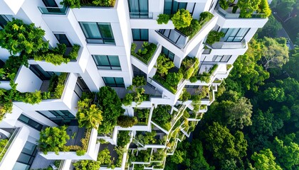 Modern, sustainable high-rise building with green balconies