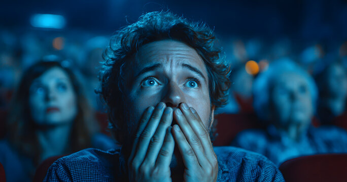 Horror, man and movie in theater with shock for spooky scene, thriller premiere and entertainment. Film screening, senior people and surprise with terror in cinema for scary show or intense storyline