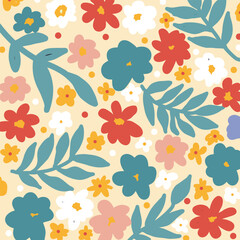 Whimsical floral pattern with orange and blue flowers, A cheerful, repeating pattern featuring stylized orange and blue flowers with green stems and leaves on a light background.