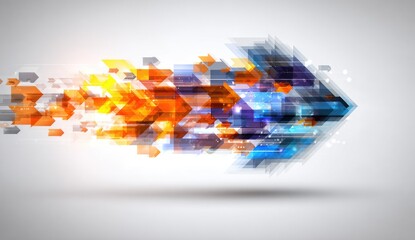 Abstract arrow composed of vibrant geometric shapes moving forward