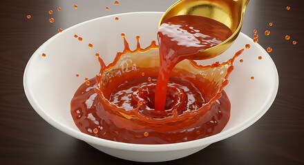 Red Sauce Pouring Into White Bowl with Splash