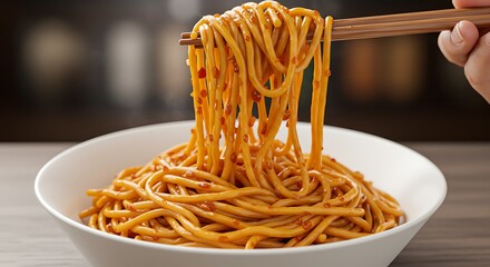 Golden Spaghetti with Red Pepper Flakes Picked Up with Chopsticks