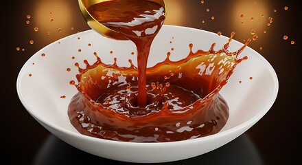 Pouring Brown Sauce Creating Splash in White Bowl Still Life