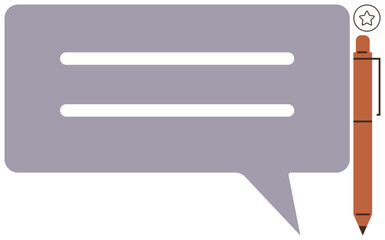 Purple speech bubble with two text lines next to a brown pen with a star, representing communication, creativity, feedback, messaging, note-taking, brainstorming, and minimalistic design for a simple