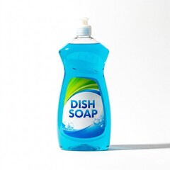 A blue plastic bottle of dish soap with a pump top. The label prominently displays the words 'DISH SOAP' in bold letters. The background is plain white.