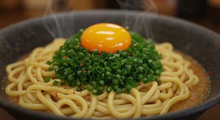 Steaming Noodles Topped with Egg Yolk and Green Onions