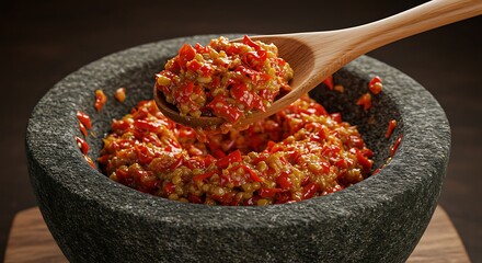 Spicy Red Chili Paste in Stone Bowl with Wooden Spoon