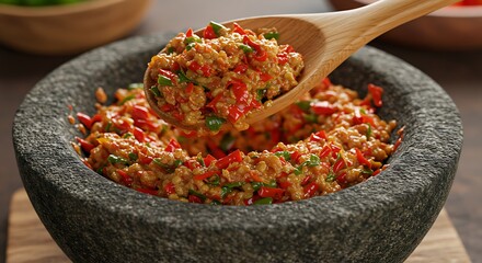 Spicy Red Chili Paste in Stone Mortar with Wooden Spoon