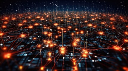 Fototapeta premium Abstract network with orange nodes connected by lines on a dark patterned surface with white dots above