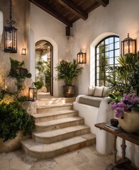Naklejka premium A sunlit, airy entryway with steps, plant life, and archways