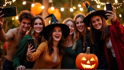 Halloween Group of friends taking selfies in Halloween costumes, sparkling fairy lights, pumpkins, and balloons in the background (1)