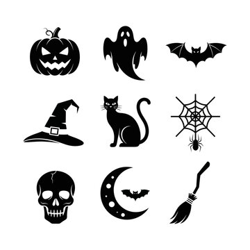 Halloween Vector SVG Icon Set with Spooky Halloween Characters and Symbols in Flat Black Style