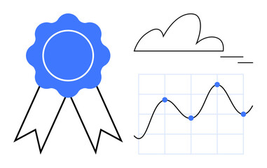 Blue award ribbon next to graph with upward trend, underlined by cloud element. Ideal for success, recognition, progress, data analysis, achievement, growth innovation. Simple flat metaphor
