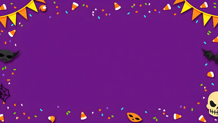 Halloween Halloween party pattern with festive bunting, confetti, candy corn, and masks scattered on a purple background, perfect for banners (4)