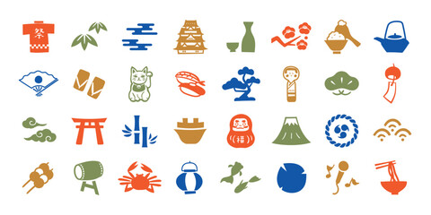 Japanese cultural elements set with colorful traditional silhouette symbols of food, nature, festival, and heritage in flat vector style
