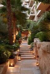 Obraz premium A tranquil pathway lined with lush greenery, stone steps, and lanterns